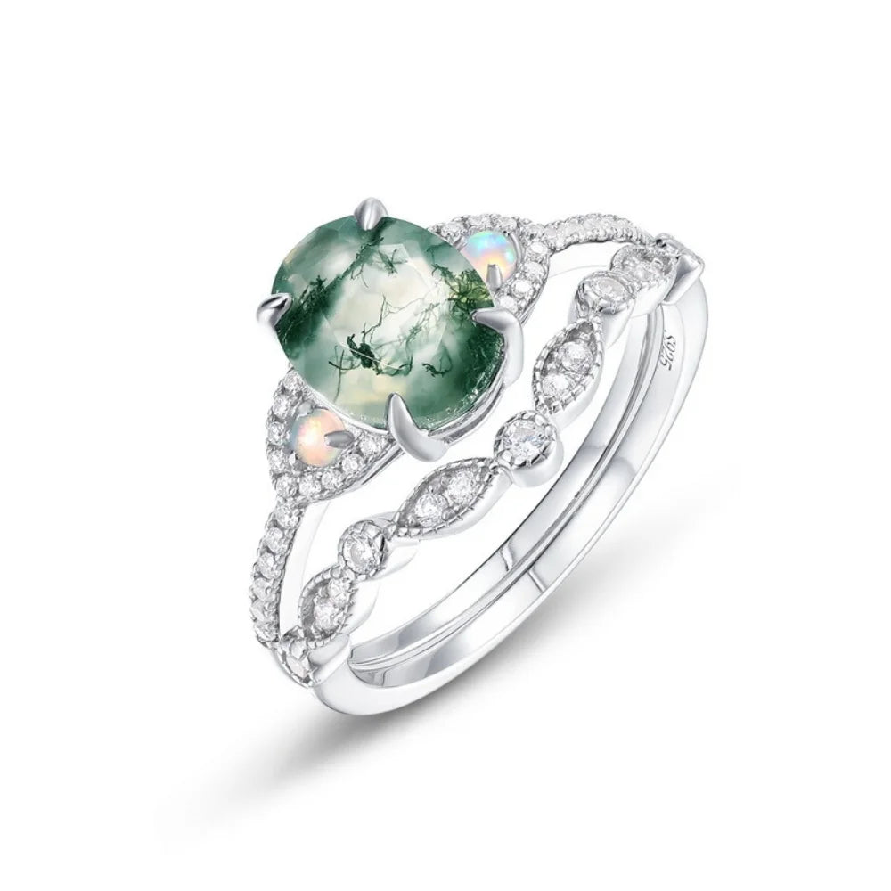 Oval Shaped Moss Agate Ring Set with Opals