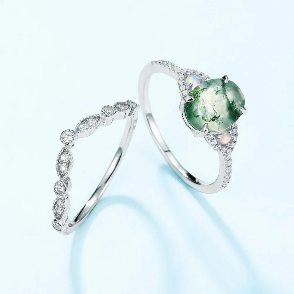 Oval Shaped Moss Agate Ring Set with Opals
