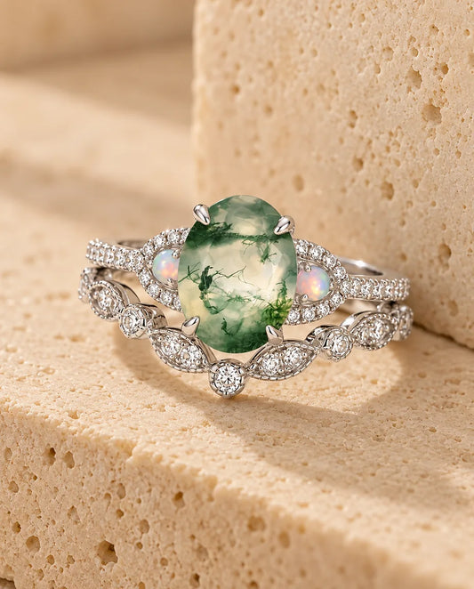Oval Moss Agate Ring Set - the complete set