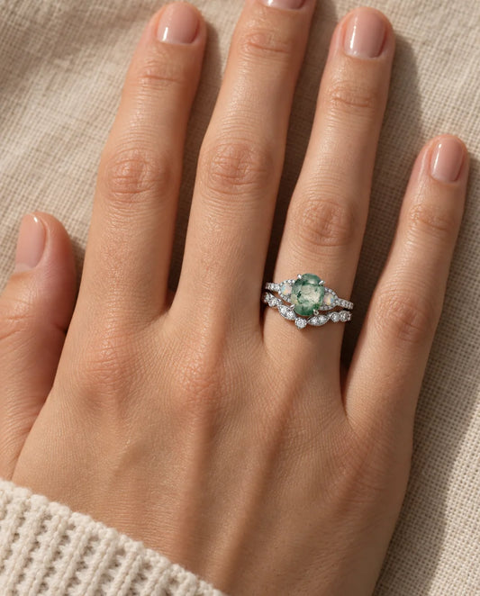 Oval Moss Agate Ring Set - worn on the hand
