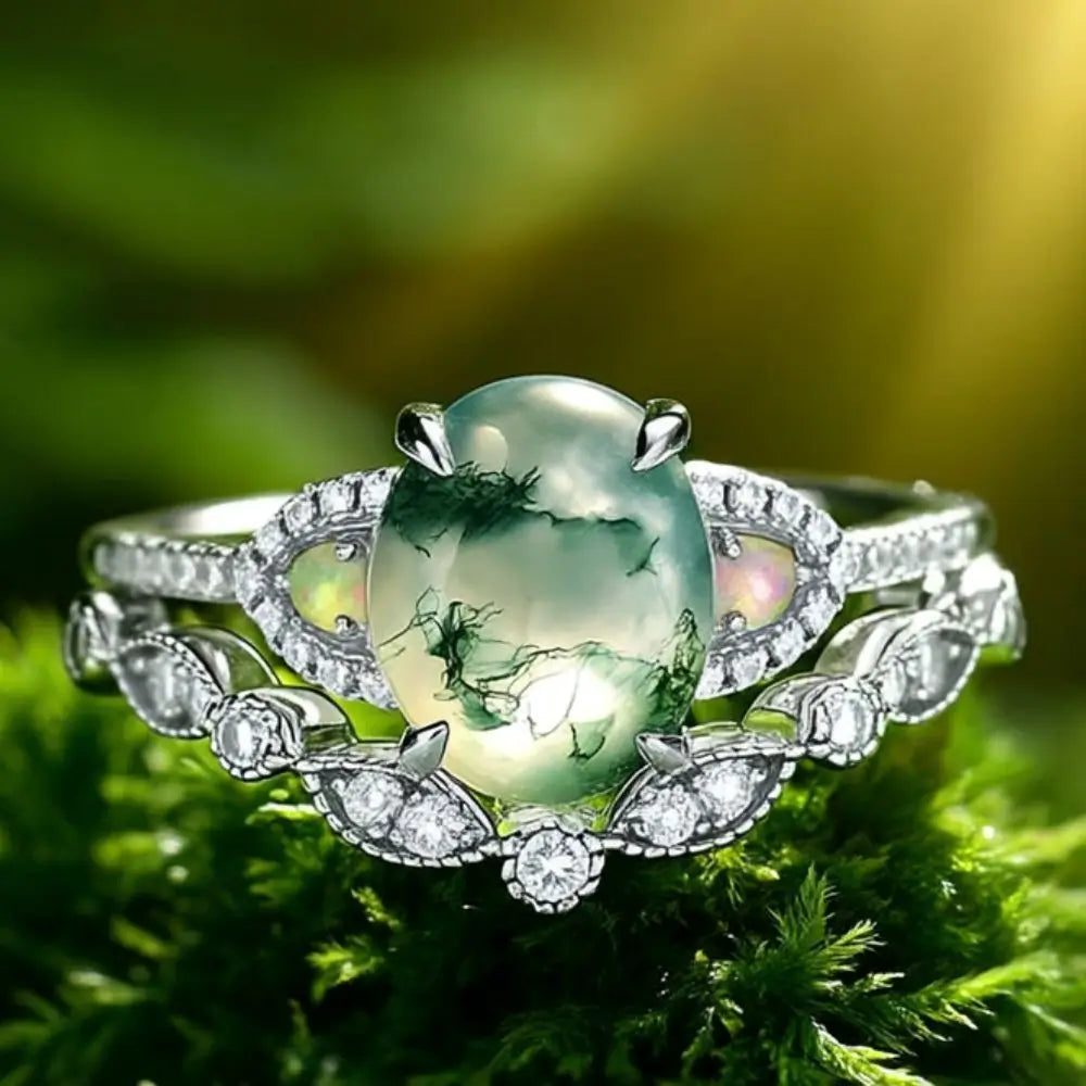 Oval Shaped Moss Agate Ring Set with Opals