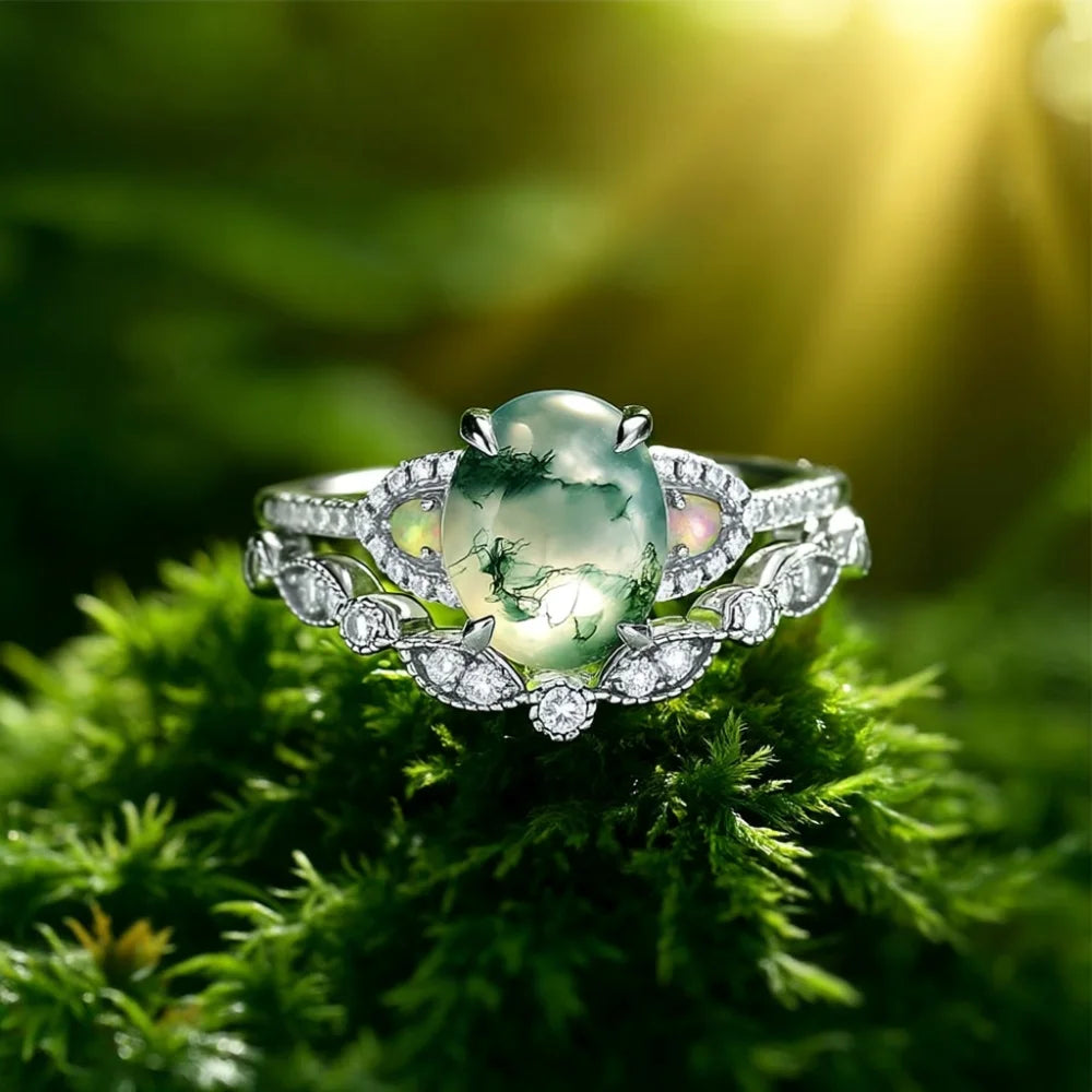 Oval Shaped Moss Agate Ring Set with Opals