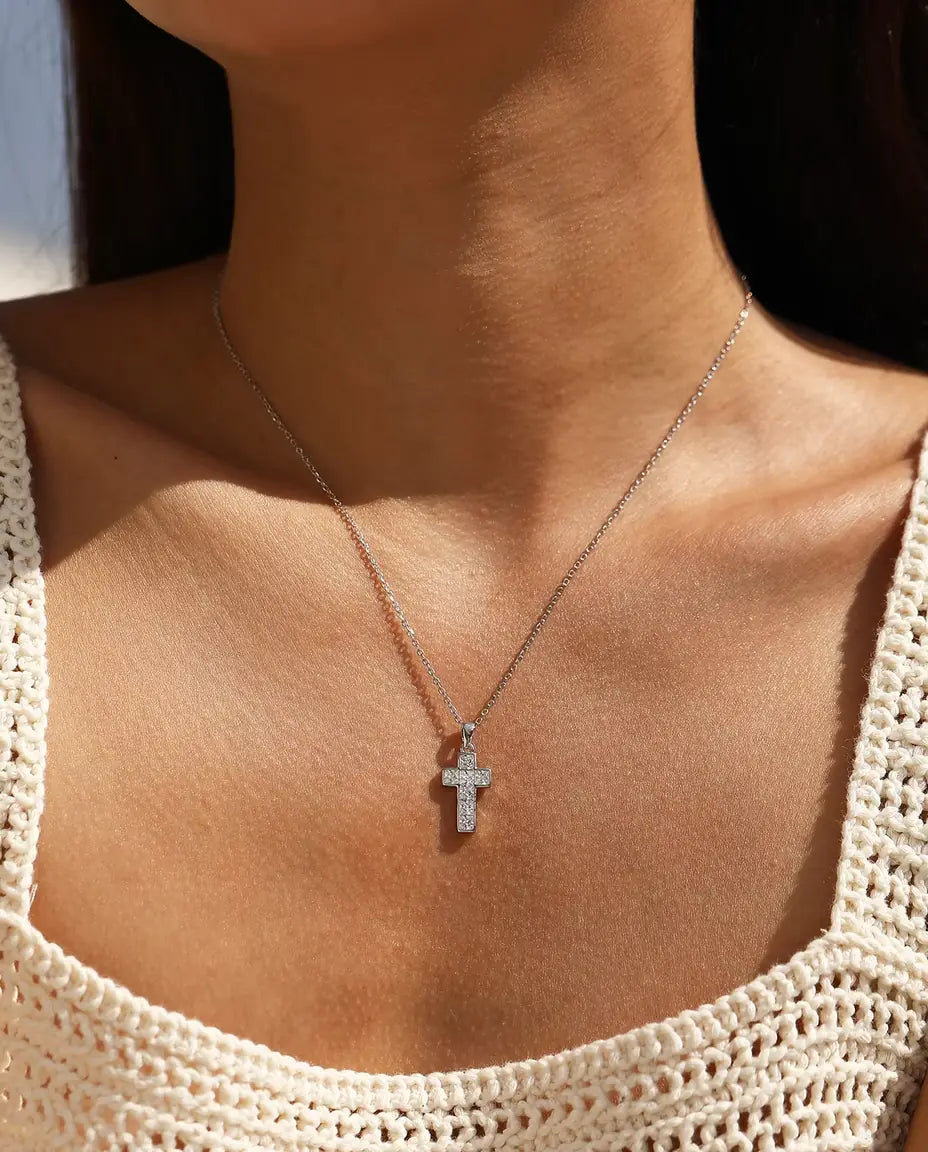 Pave cross necklace pendant in 925 sterling silver