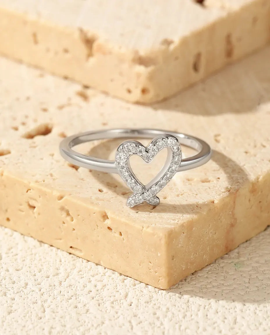 Pavé moissanite hollow open heart ring in 925 sterling silver