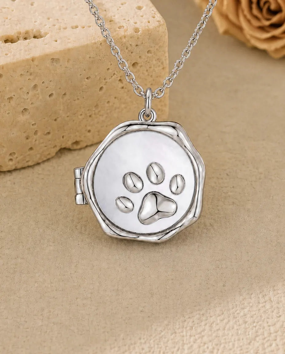Silver paw print photo locket necklace with mother of pearl face