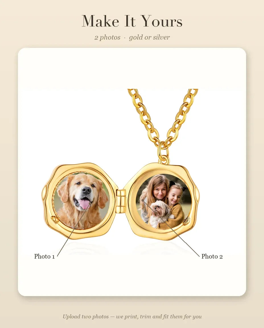 Personalization guide showing where Photo 1 and Photo 2 go inside the locket