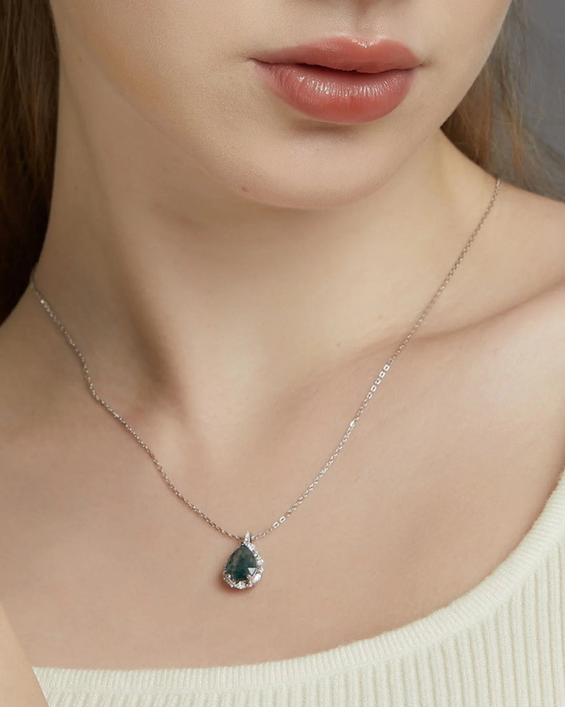 Pear Cut Moss Agate Necklace – 925 Sterling Silver Healing Pendant