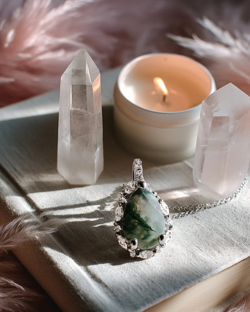 Pear Cut Moss Agate Necklace – 925 Sterling Silver Healing Pendant