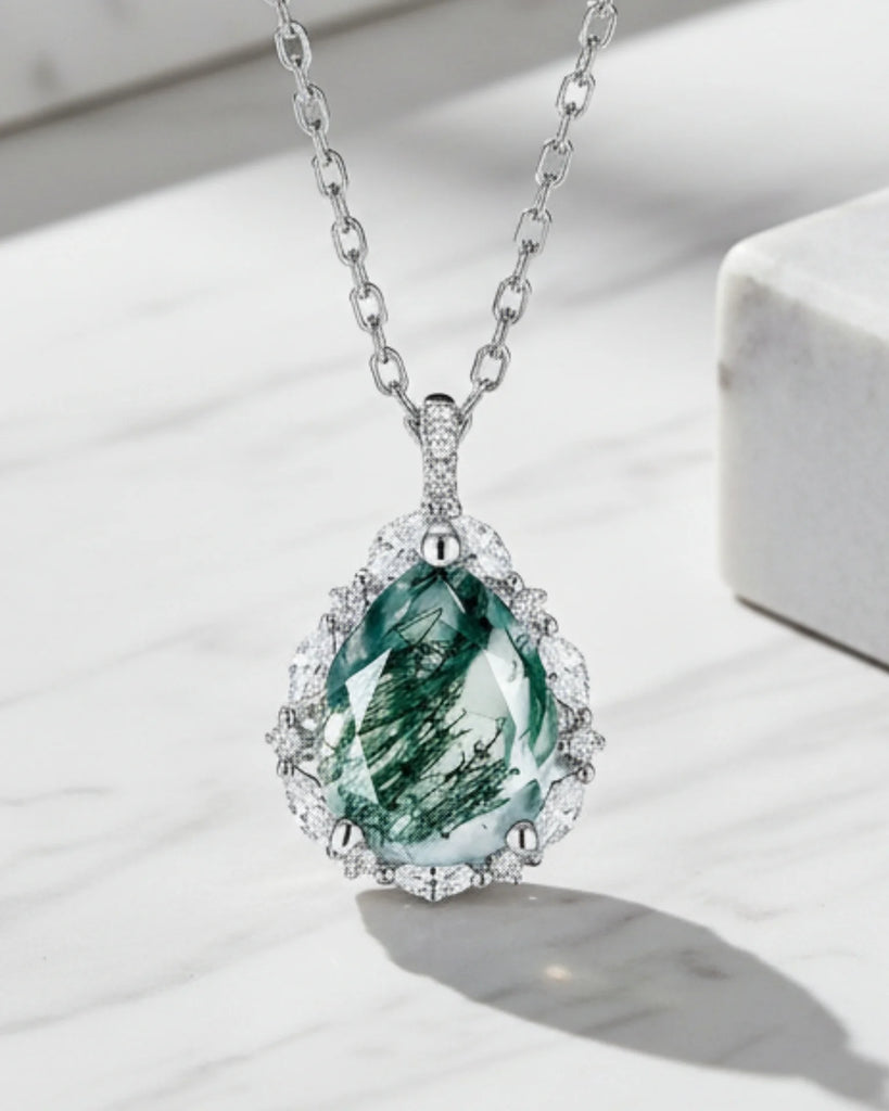 Pear Cut Moss Agate Necklace – 925 Sterling Silver Healing Pendant