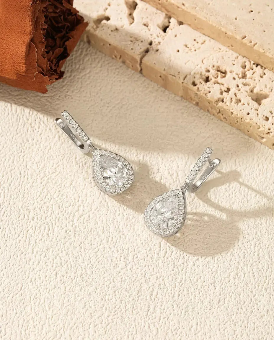 Pear cut zirconia halo leverback drop earrings in 925 sterling silver