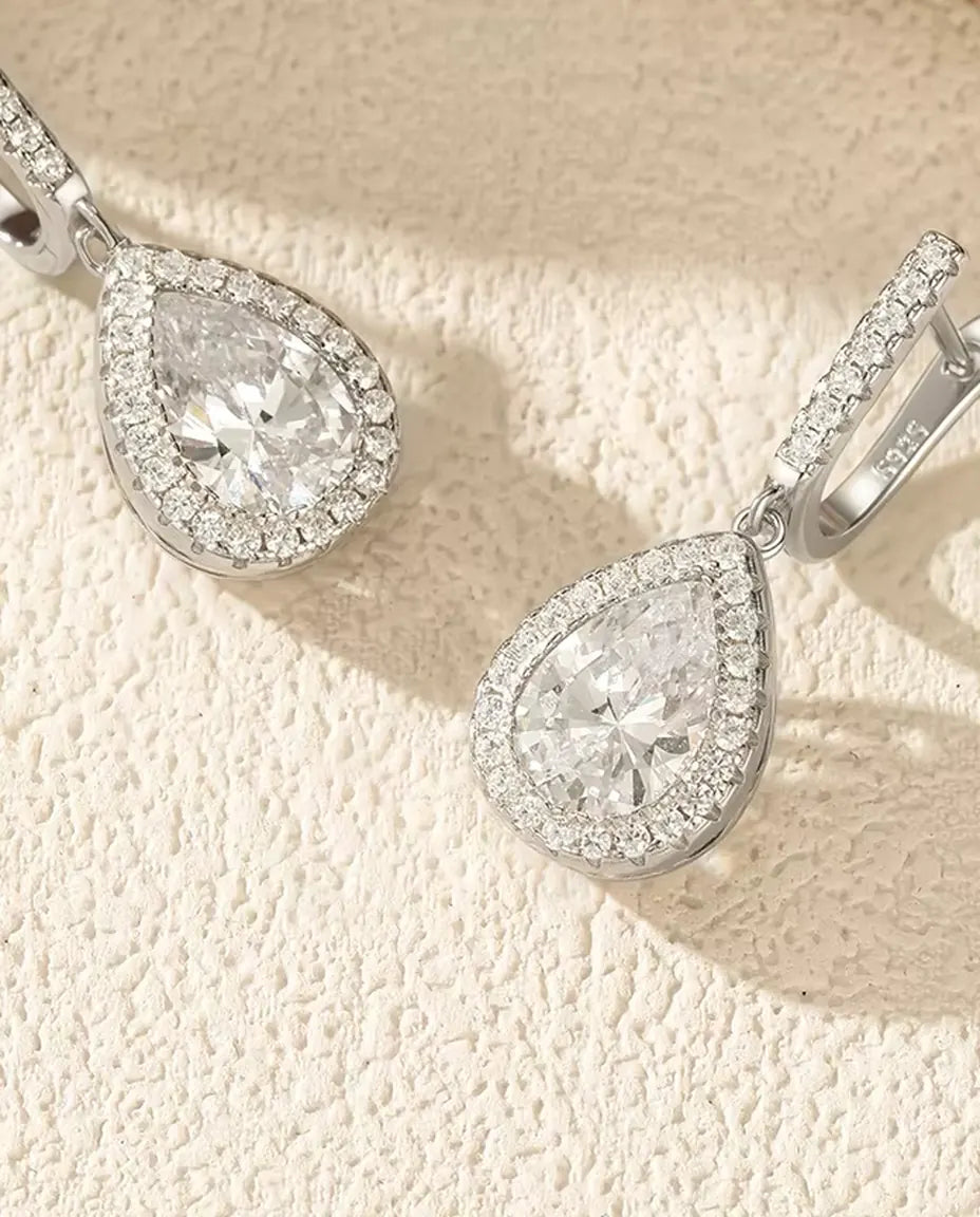 Pear cut zirconia halo leverback drop earrings in 925 sterling silver