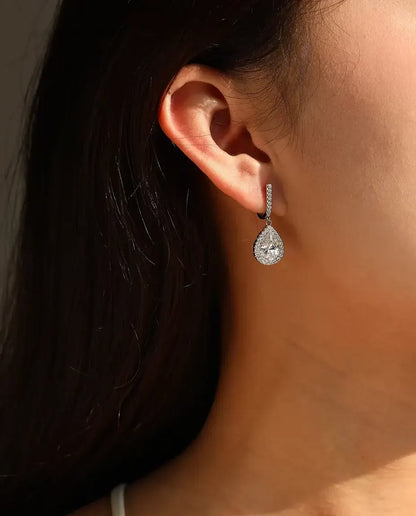 Pear cut zirconia halo leverback drop earrings in 925 sterling silver