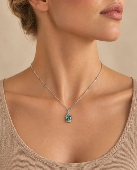 Pear Cut Moss Agate Necklace in 925 Sterling Silver - worn on a model