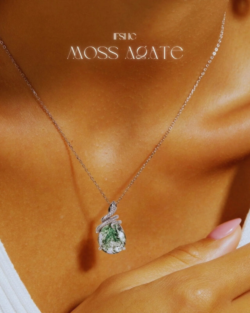 Pear Shaped Moss Agate Pendant Necklace in 925 Sterling Silver, White Gold Plated