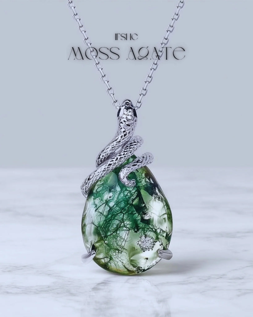 Pear Shaped Moss Agate Pendant Necklace in 925 Sterling Silver, White Gold Plated