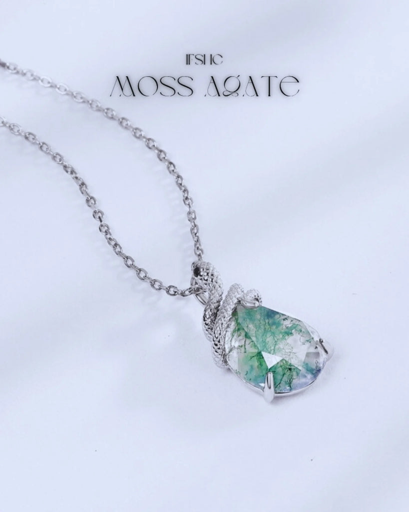 Pear Shaped Moss Agate Pendant Necklace in 925 Sterling Silver, White Gold Plated