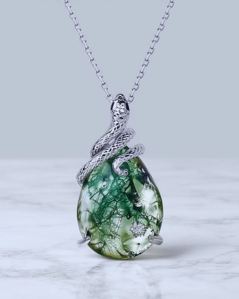 Pear Shaped Moss Agate Pendant Necklace in 925 Sterling Silver, White Gold Plated