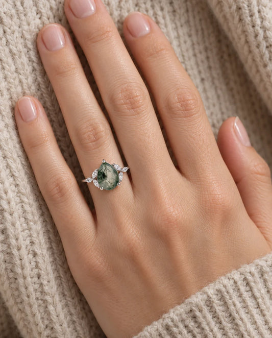 Moss Agate Engagement Ring - worn on the hand