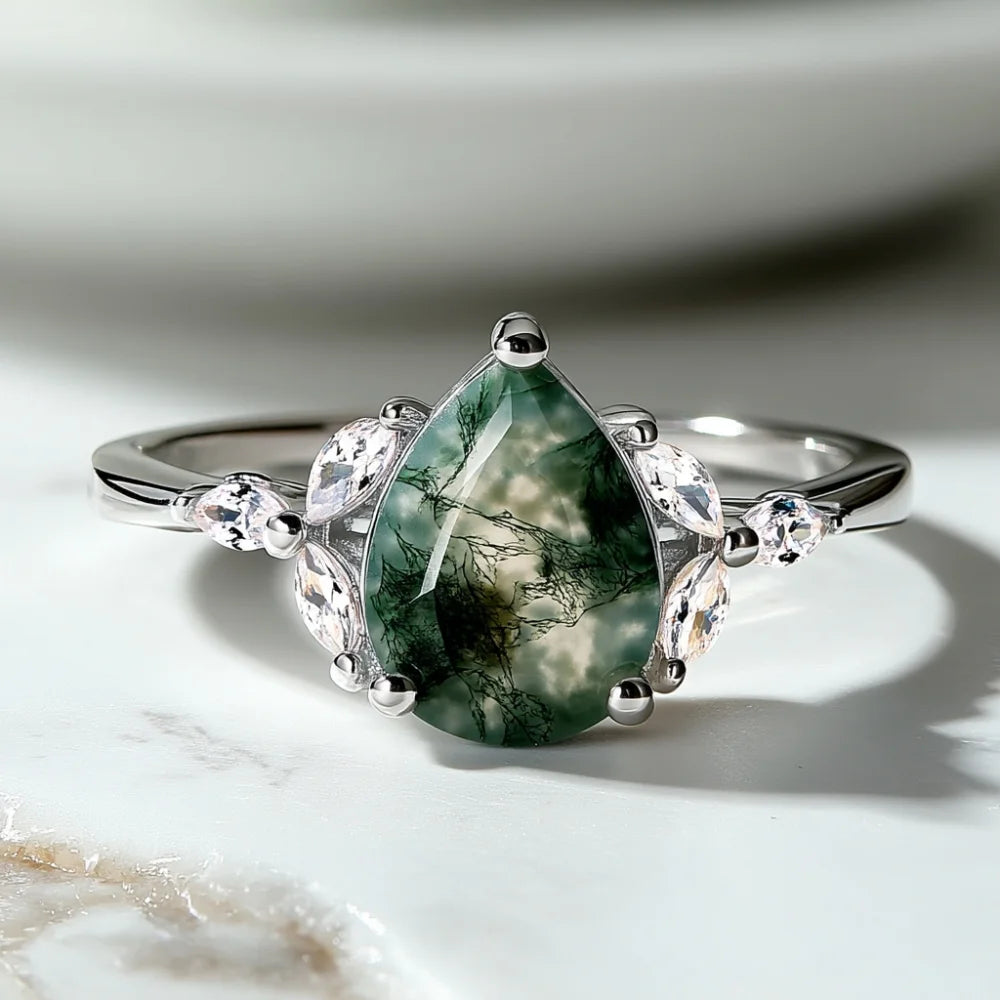 Pear Shaped Moss Agate Ring