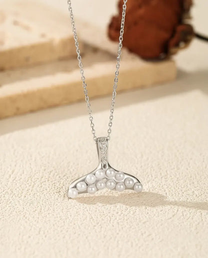 Whale tail necklace with pearl white beads in 925 sterling silver