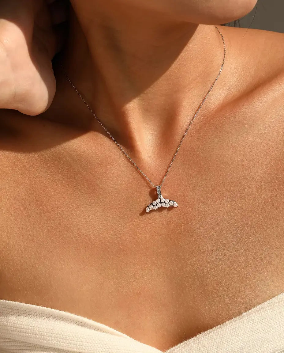 Whale tail necklace with pearl white beads in 925 sterling silver