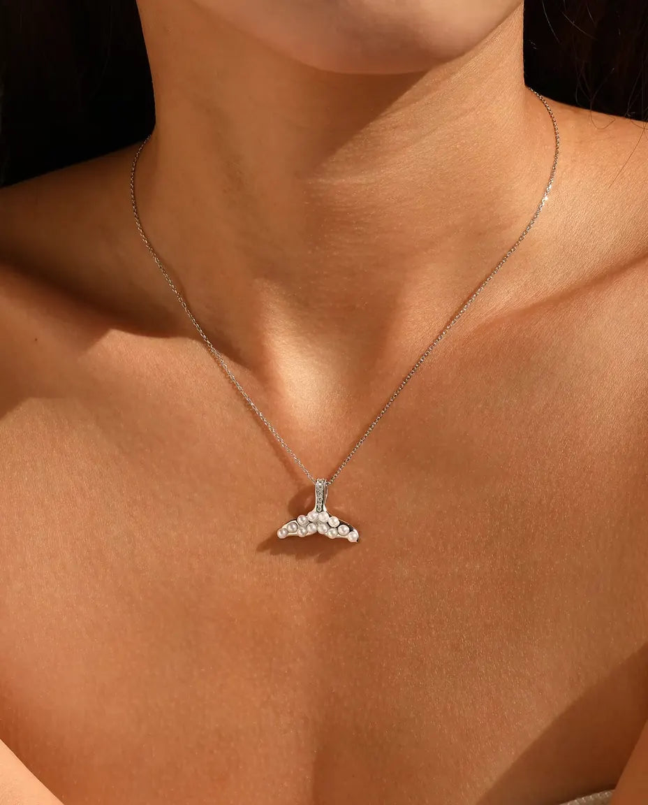 Whale tail necklace with pearl white beads in 925 sterling silver