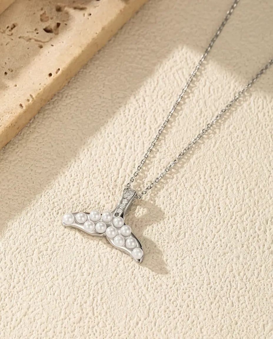 Whale tail necklace with pearl white beads in 925 sterling silver