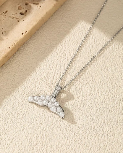 Whale tail necklace with pearl white beads in 925 sterling silver