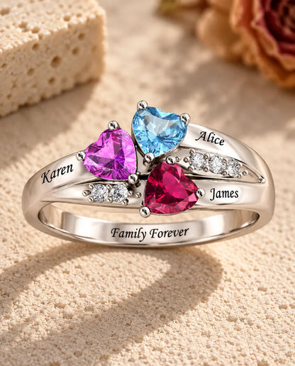 Personalized 3 Birthstone Ring for Mom - three-quarter view showing names and birthstones