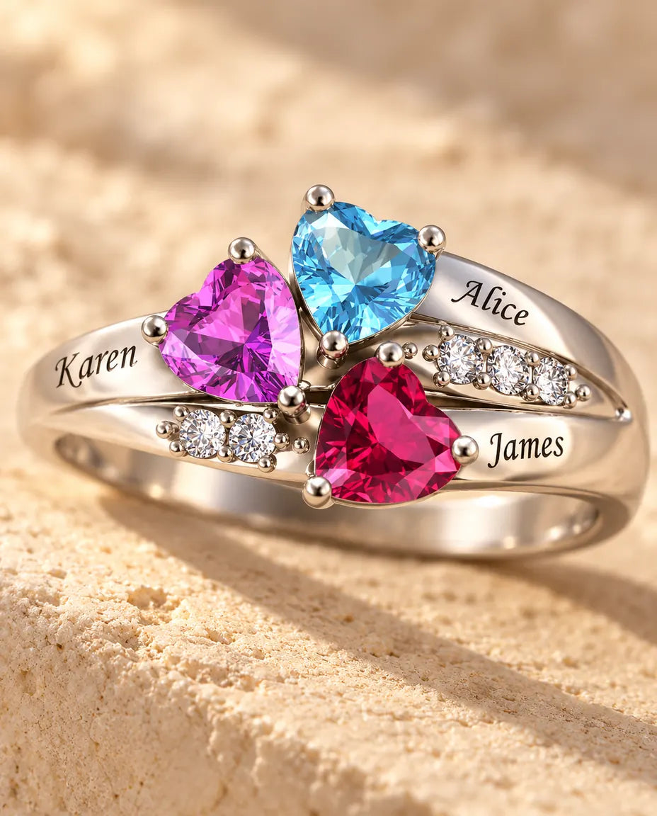 Personalized 3 Birthstone Ring for Mom - close-up of the birthstones and engraved names
