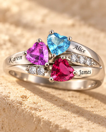 Personalized 3 Birthstone Ring for Mom - close-up of the birthstones and engraved names