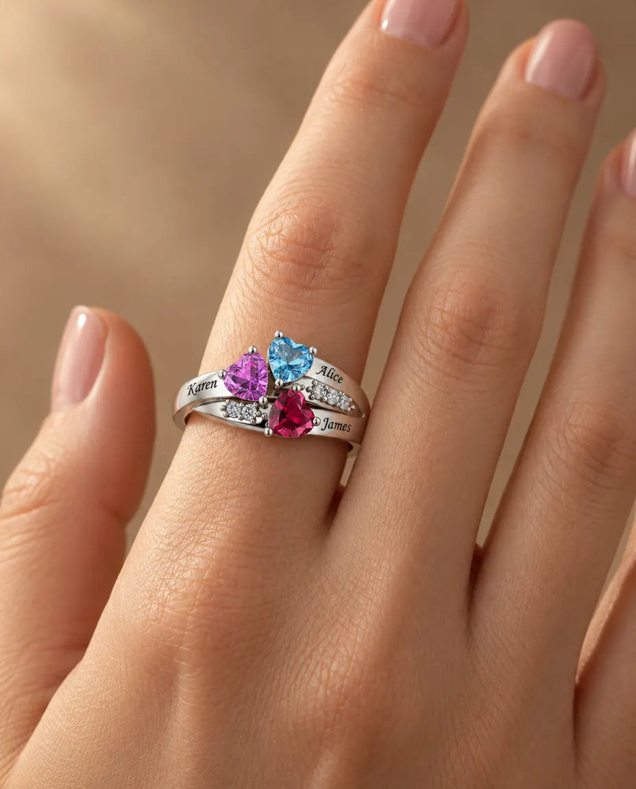 Personalized 3 Birthstone Ring for Mom - worn on the hand, close-up