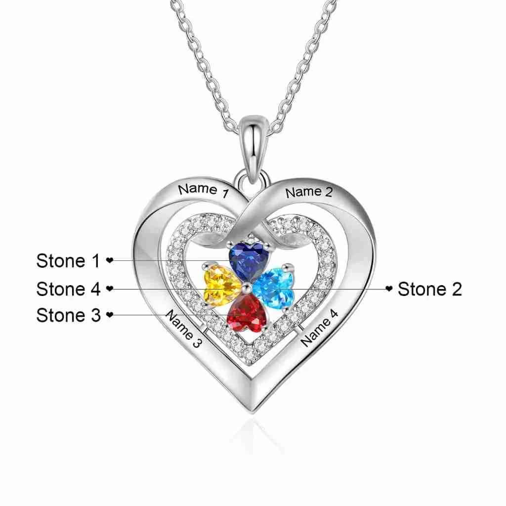 Personalized Heart Birthstone Necklace for Her – Engrave 2-4 Names & Stones