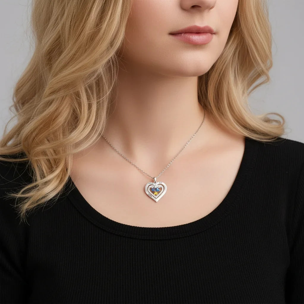 Personalized Heart Birthstone Necklace for Her – Engrave 2-4 Names & Stones