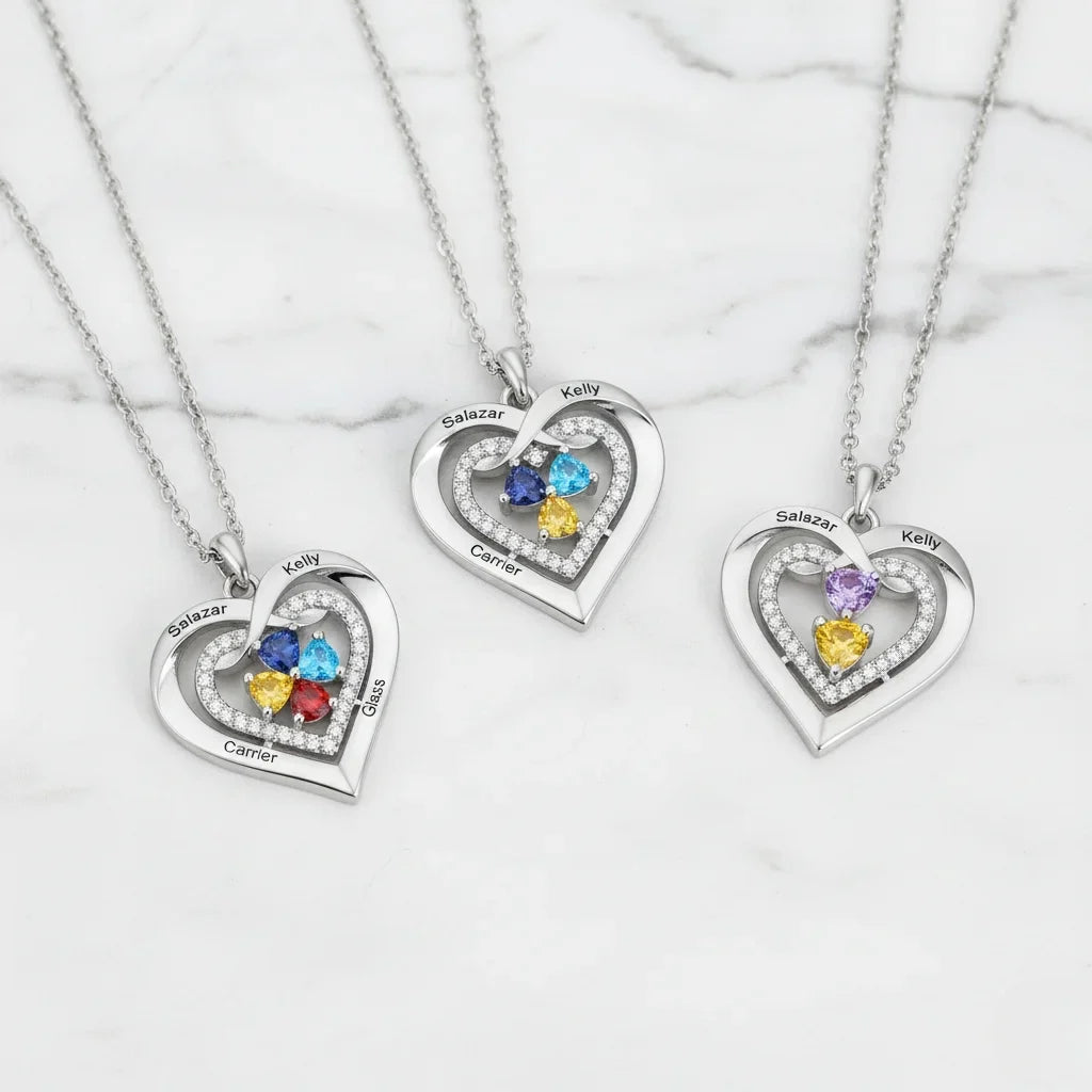 Personalized Heart Birthstone Necklace for Her – Engrave 2-4 Names & Stones