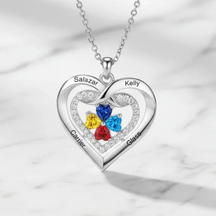 Personalized Heart Birthstone Necklace for Her – Engrave 2-4 Names & Stones