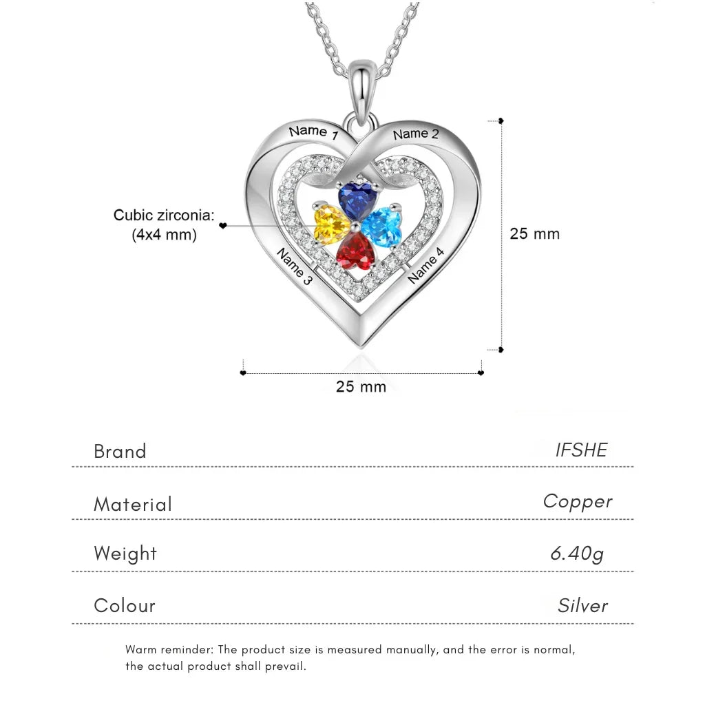 Personalized Heart Birthstone Necklace for Her – Engrave 2-4 Names & Stones