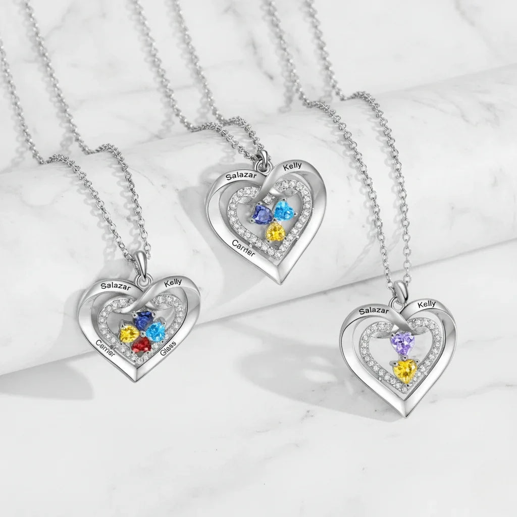 Personalized Heart Birthstone Necklace for Her – Engrave 2-4 Names & Stones