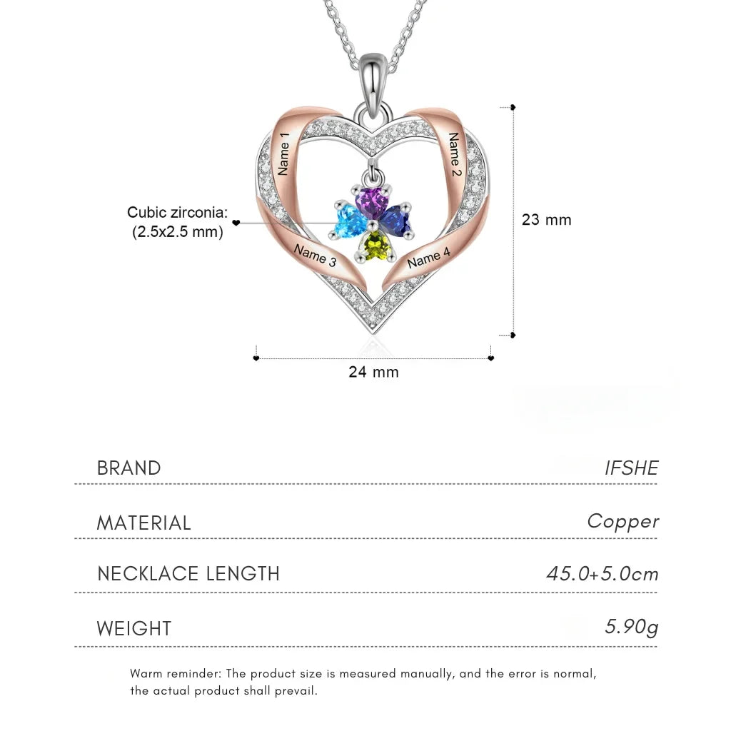 Personalized Heart Birthstone Family Necklace - Engrave 2-4 Names, White Gold Plated Copper
