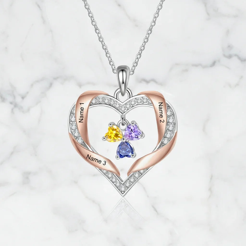 Personalized Heart Birthstone Family Necklace - Engrave 2-4 Names, White Gold Plated Copper
