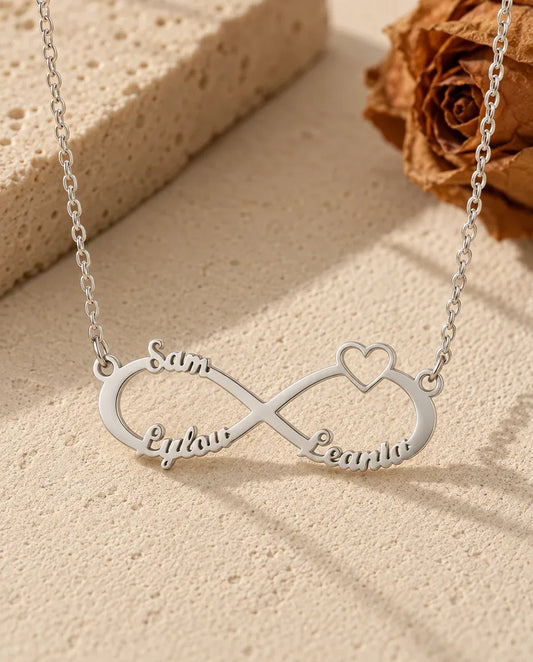 Personalized 3 Name Infinity Necklace - front view in silver