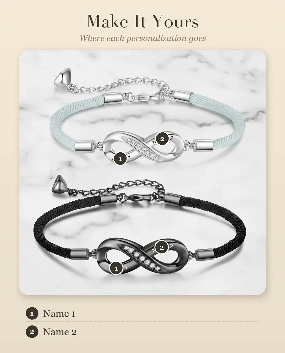 Engravable Infinity Matching Bracelets for Couples – personalization guide