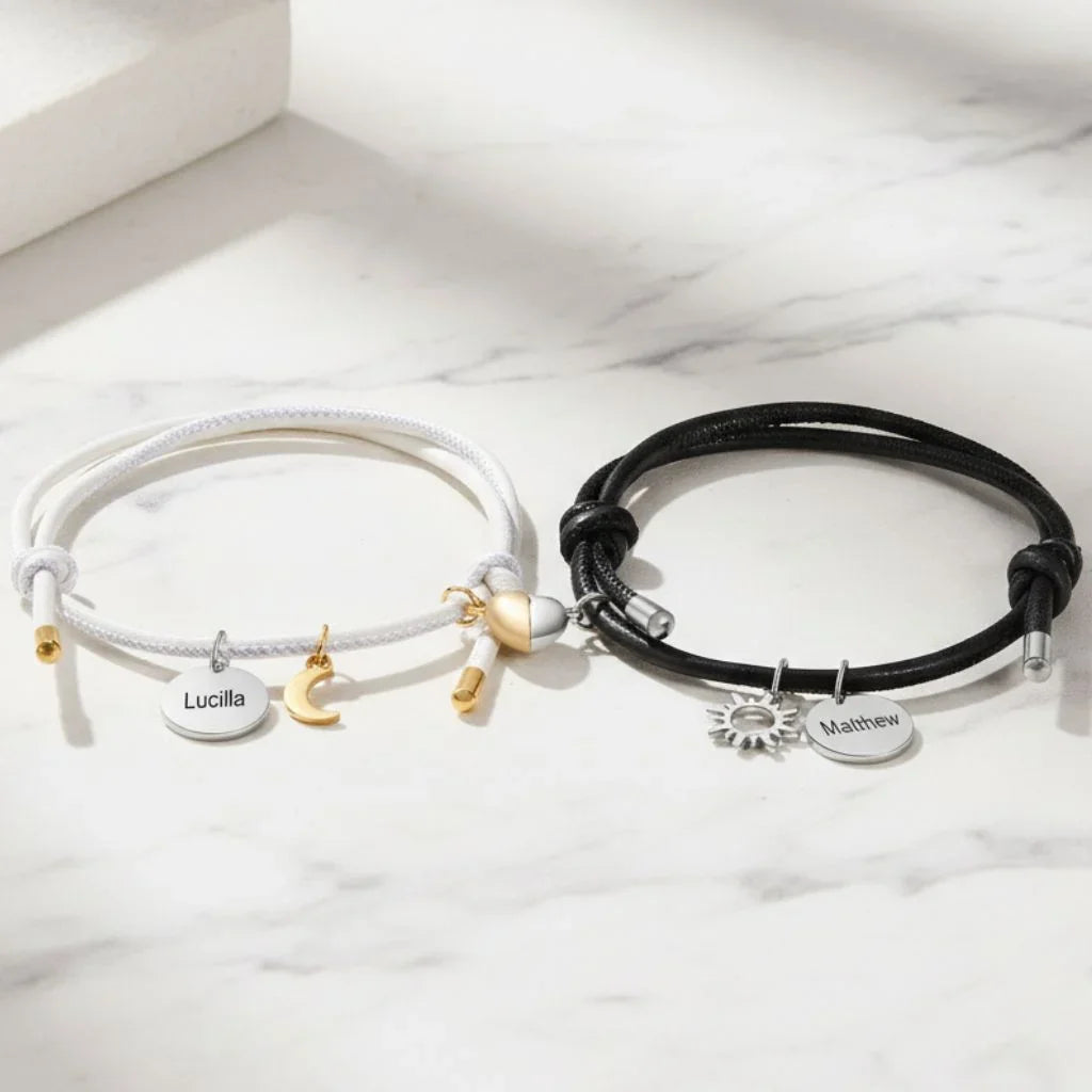 Personalised Magnetic Sun & Moon Couples Bracelets with Name Engraved Charms