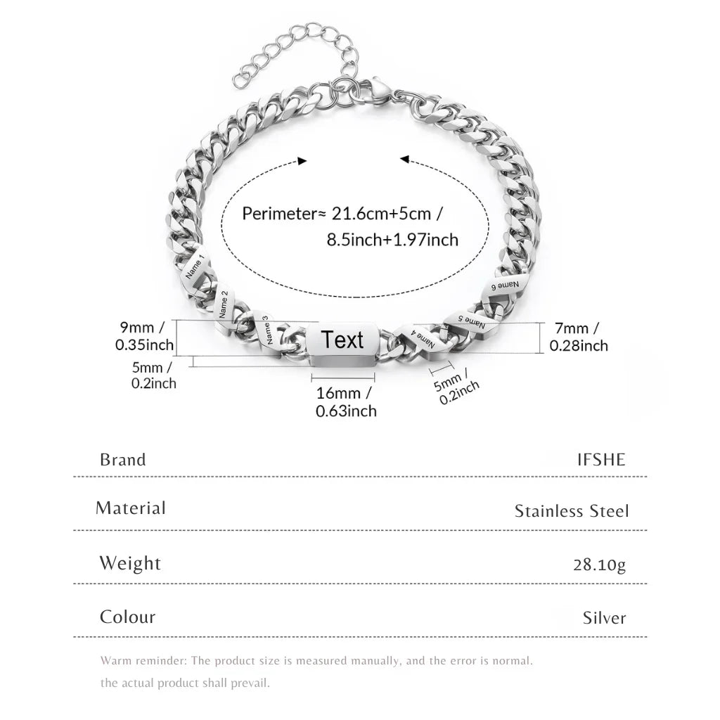 Personalized Stainless Steel Engraved Men's Bracelet with 1-6 Custom Names