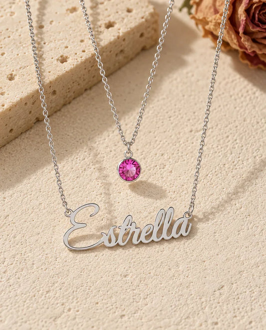 Personalized Birthstone Name Necklace Layered Set - front view in silver