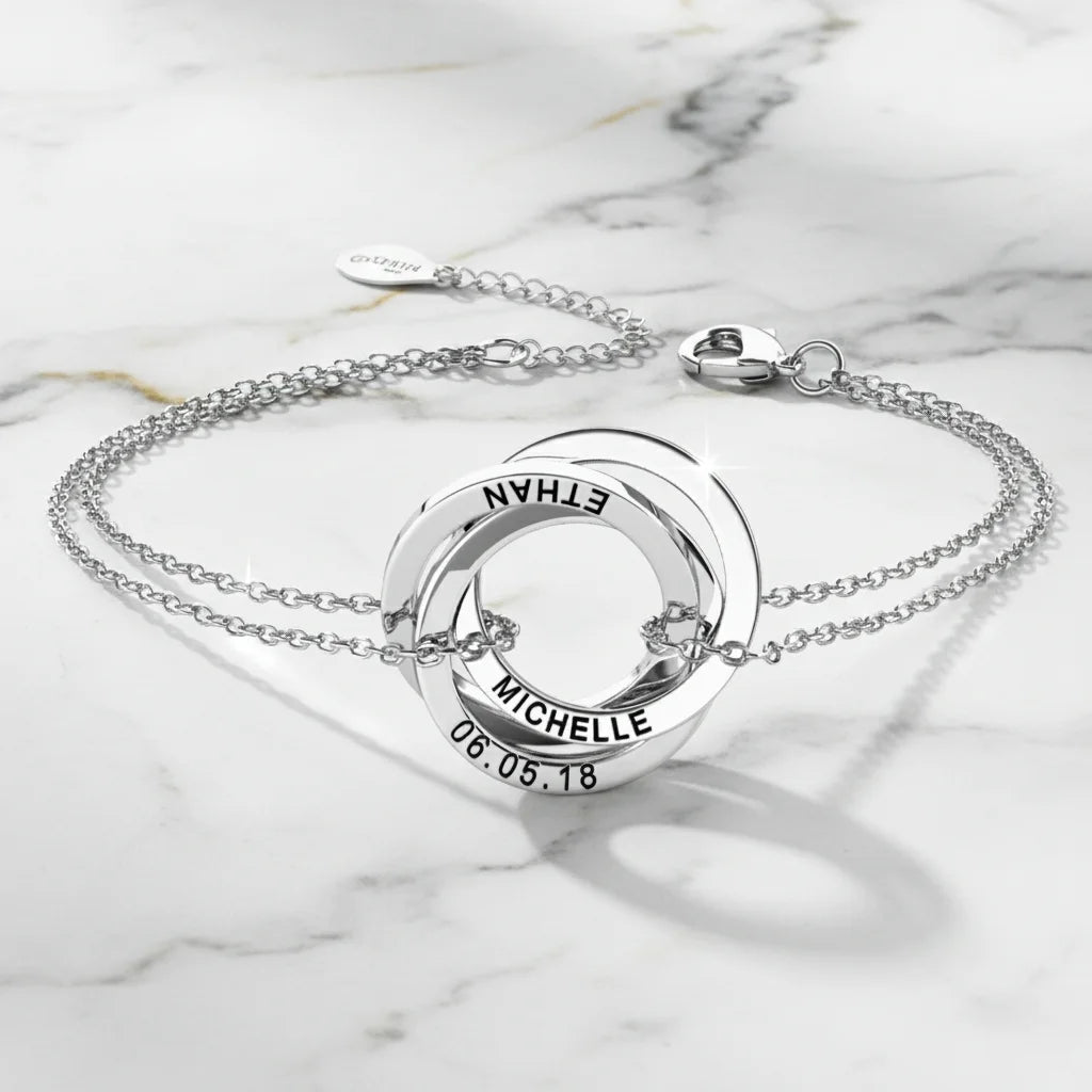 Personalized Russian Ring Bracelet - Engrave a Name or Date onto 3-5 Intertwined Circles in Sterling Silver