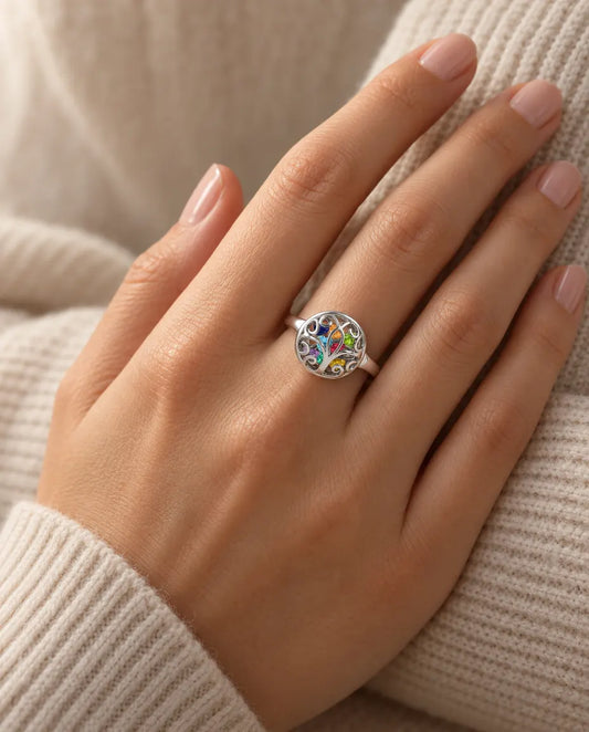 9 Birthstone Tree of Life Ring for Mom - worn on the hand