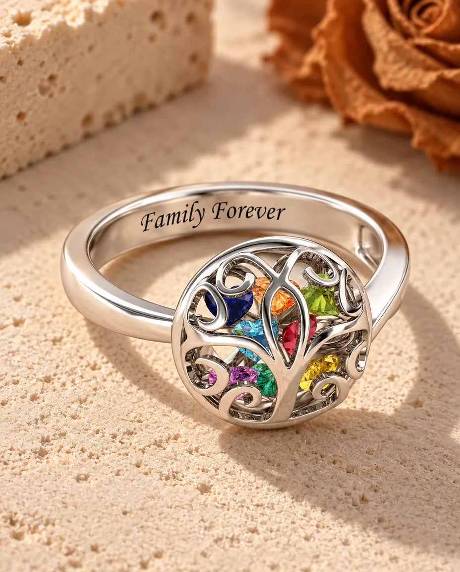 9 Birthstone Tree of Life Ring for Mom - three-quarter view showing names and birthstones