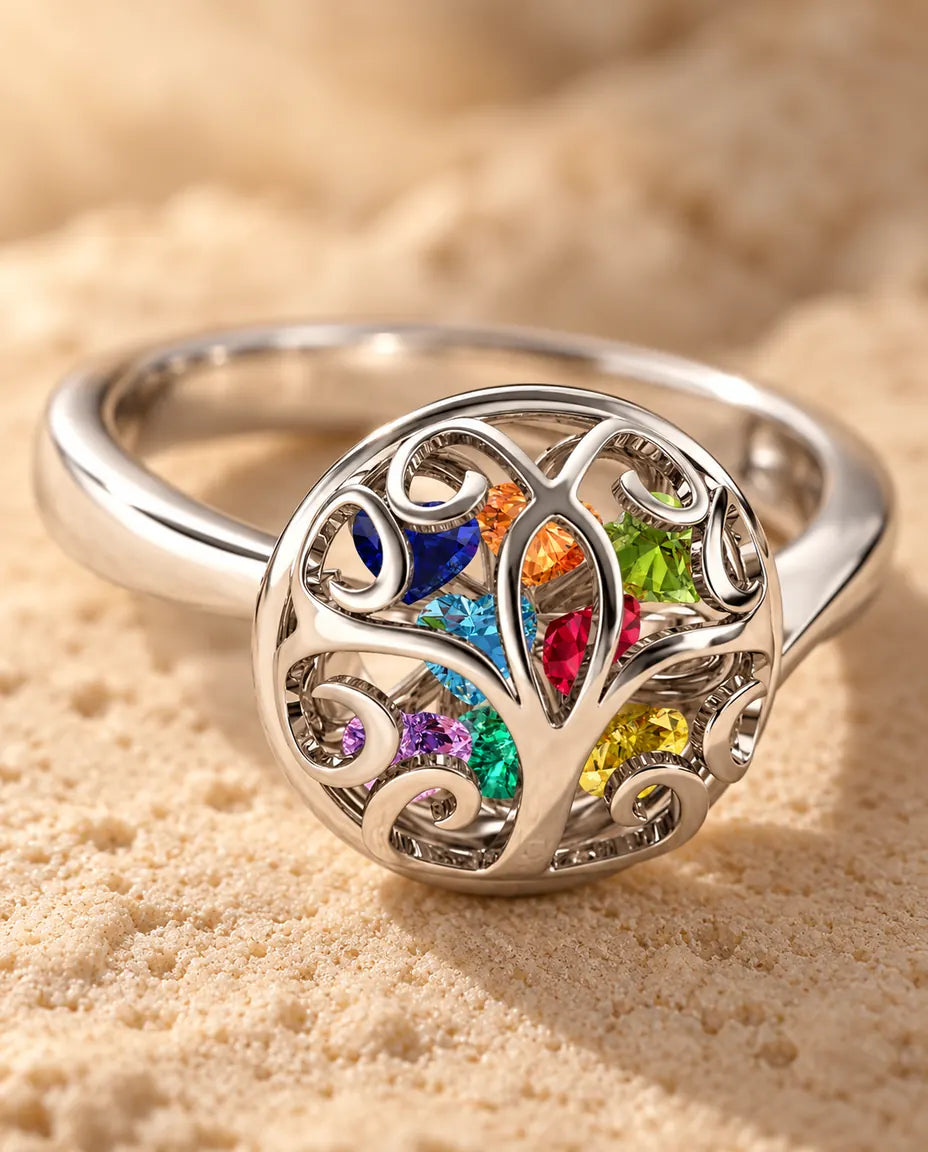 9 Birthstone Tree of Life Ring for Mom - close-up of the birthstones and engraved names