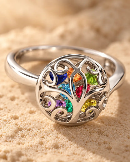 9 Birthstone Tree of Life Ring for Mom - close-up of the birthstones and engraved names